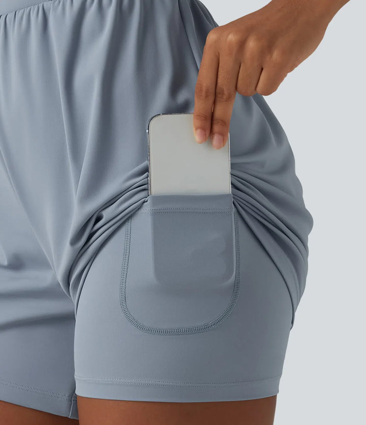 SoftlyZero luftig vriden rygglös justerbara axelband 2-i-1 inbyggd BH InstantCool yoga playsuit med ficka-Easy Peezy