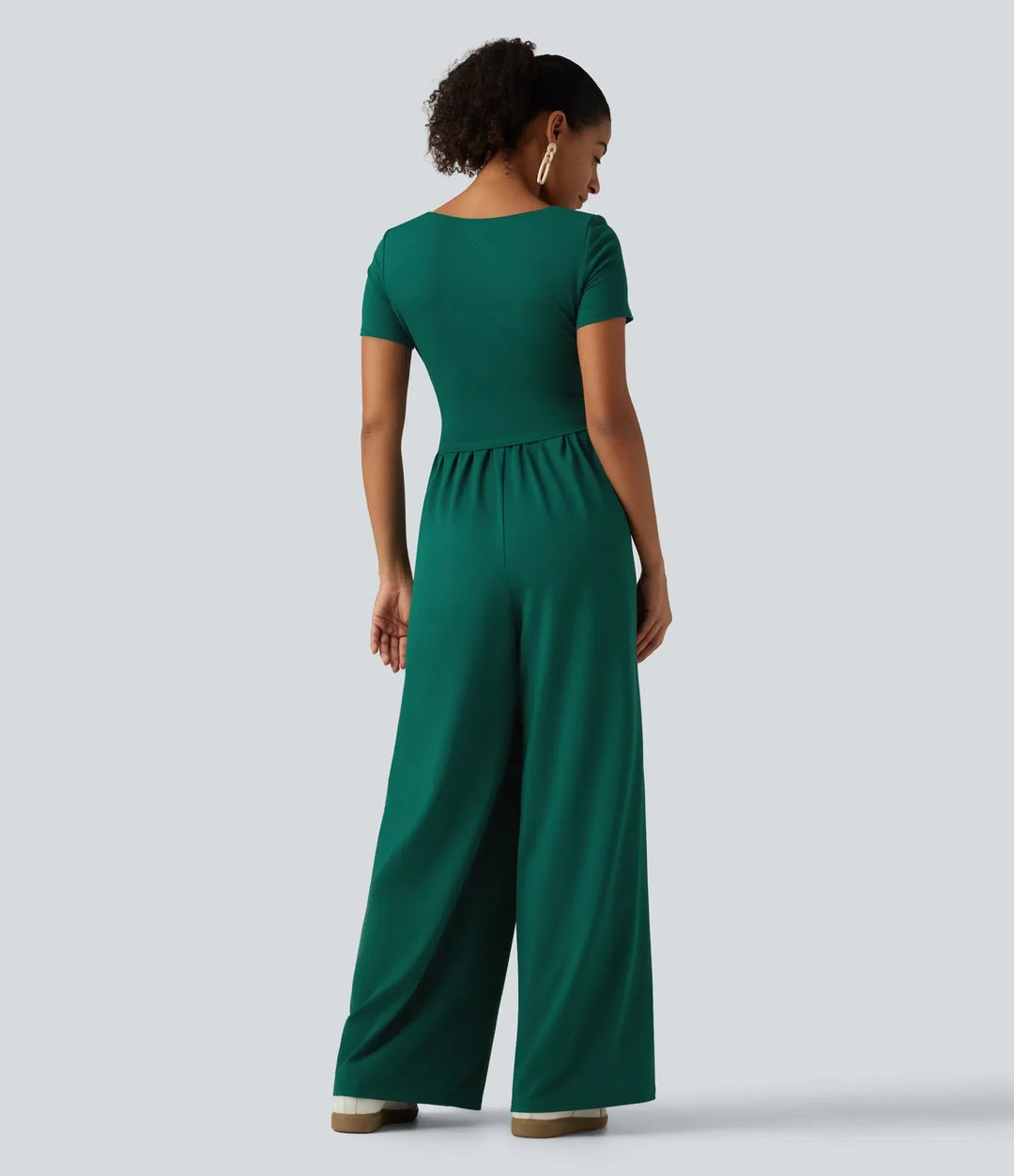 Fyrkantig halsringning kortärmad vida ben vardaglig jumpsuit med fickor - Easy Peezy Edition