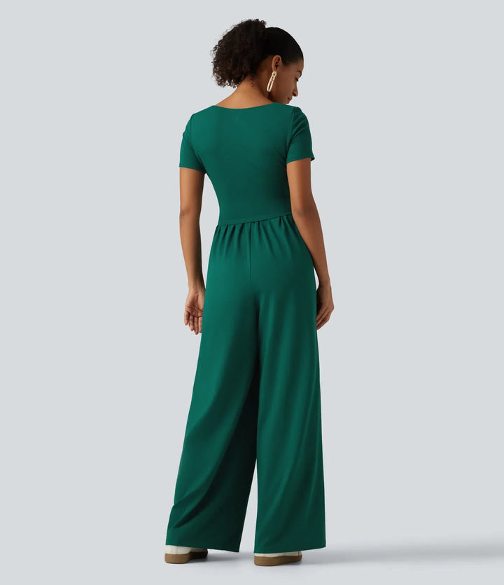 Fyrkantig halsringning kortärmad vida ben vardaglig jumpsuit med fickor - Easy Peezy Edition