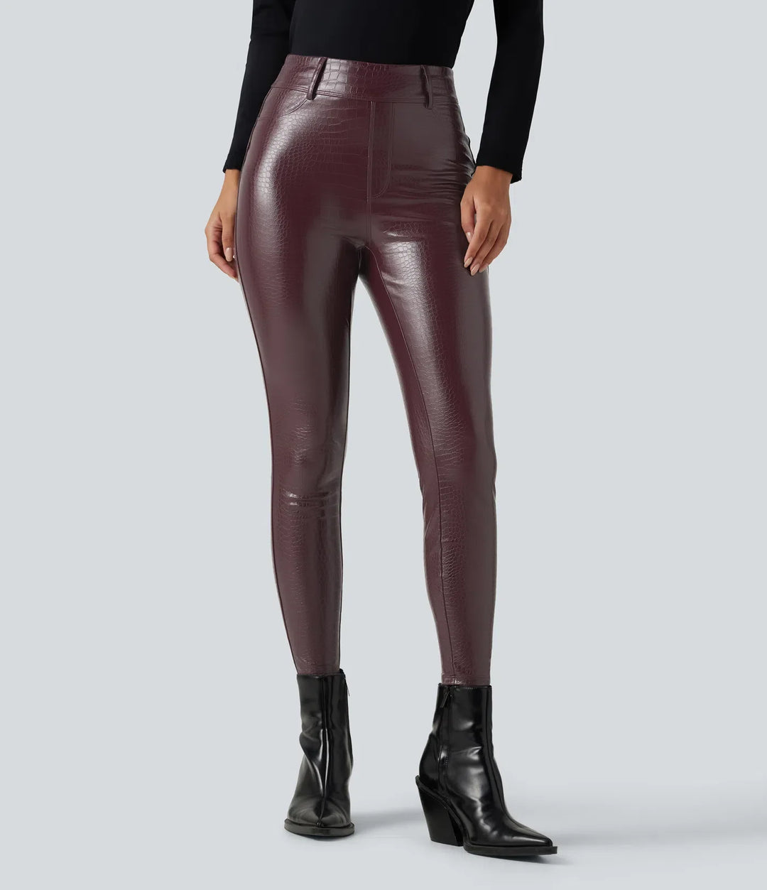 Med hög midja ormskinnsmönster tryck stretchig PU fleece vardagsleggings med fickor