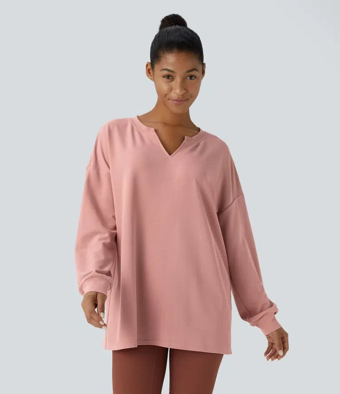V-ringad nedhasad axel avslappnad våffelstruktur vardaglig sweatshirt