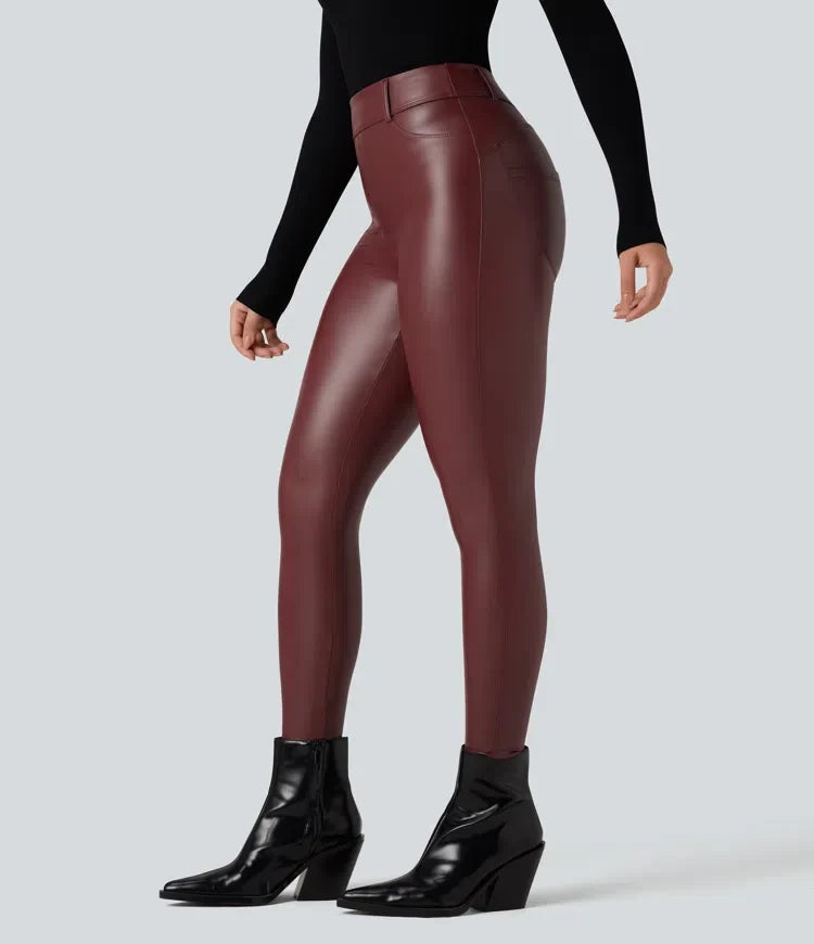 Med hög midja stretchig PU fleece vardagsleggings med fickor