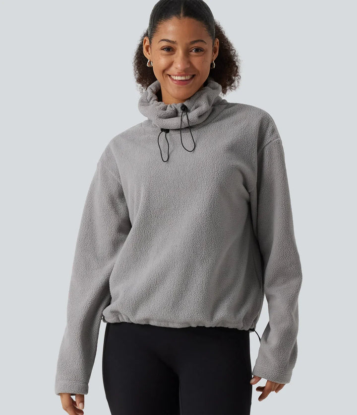 Hög hals dragsko långärmad rynksöm i fållen fleece vardaglig sweatshirt