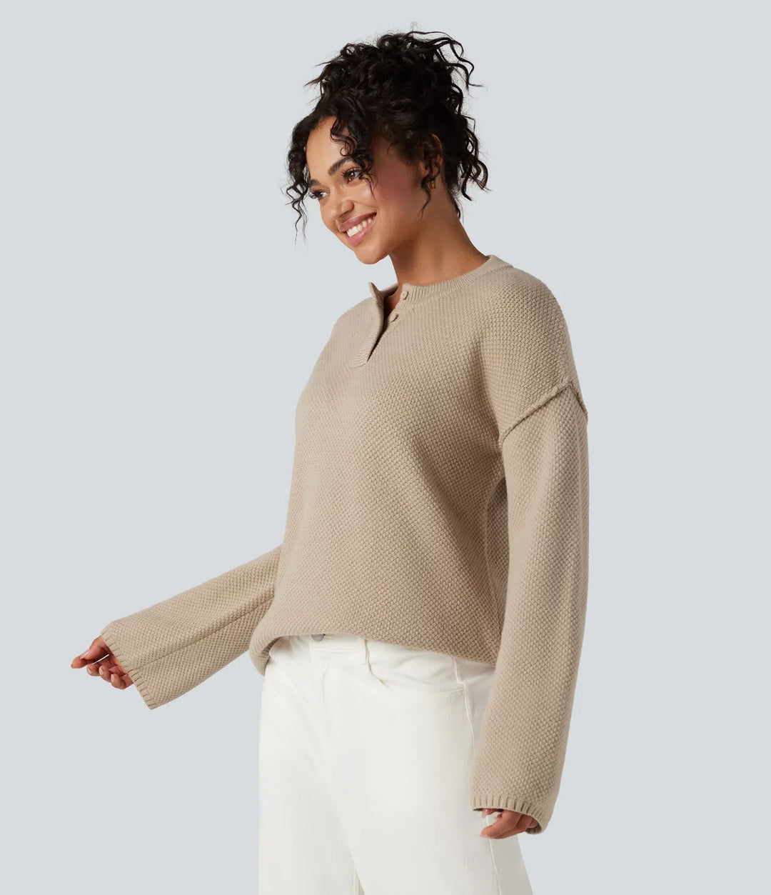 Henleykrage långärmad våffelstruktur vardaglig tröja