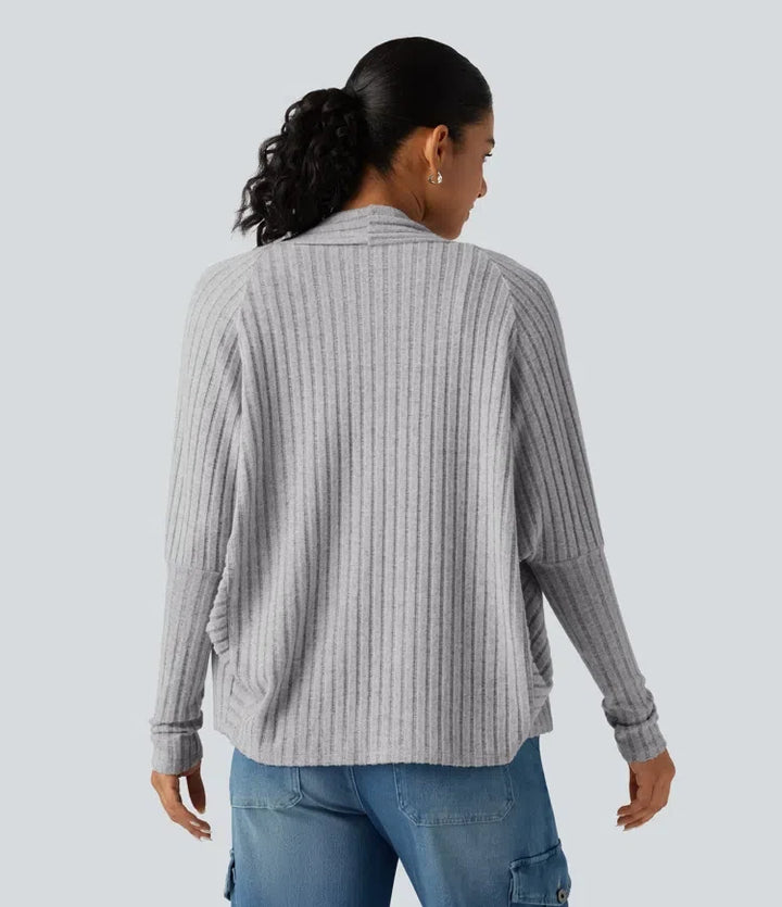 Ribbstickad öppen front lång fladdermusärm vardaglig cardigan