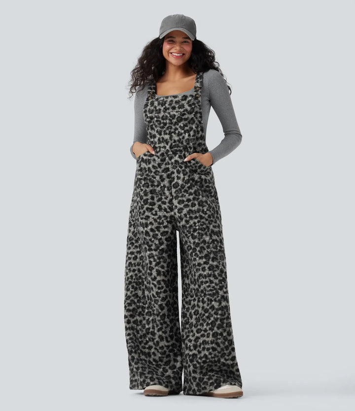 Fyrkantig halsringning leopardmönster teddy vardaglig baggy overall med fickor