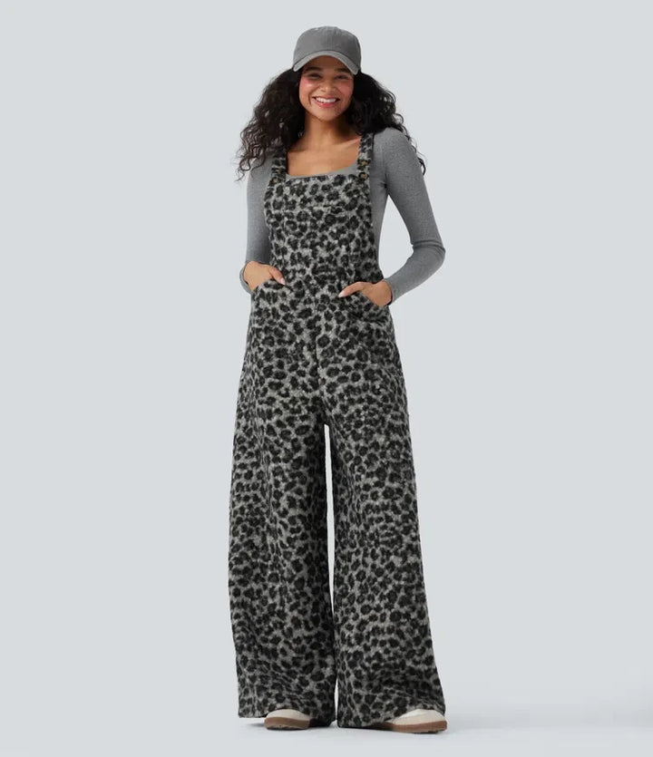 Fyrkantig halsringning leopardmönster teddy vardaglig baggy overall med fickor