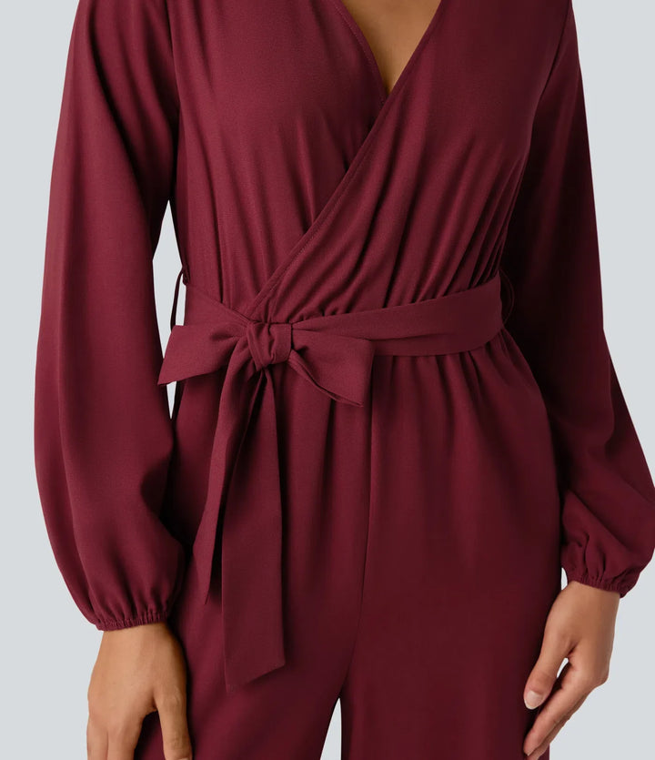 V-ringad lång puffärm bältad vida ben fest jumpsuit med fickor