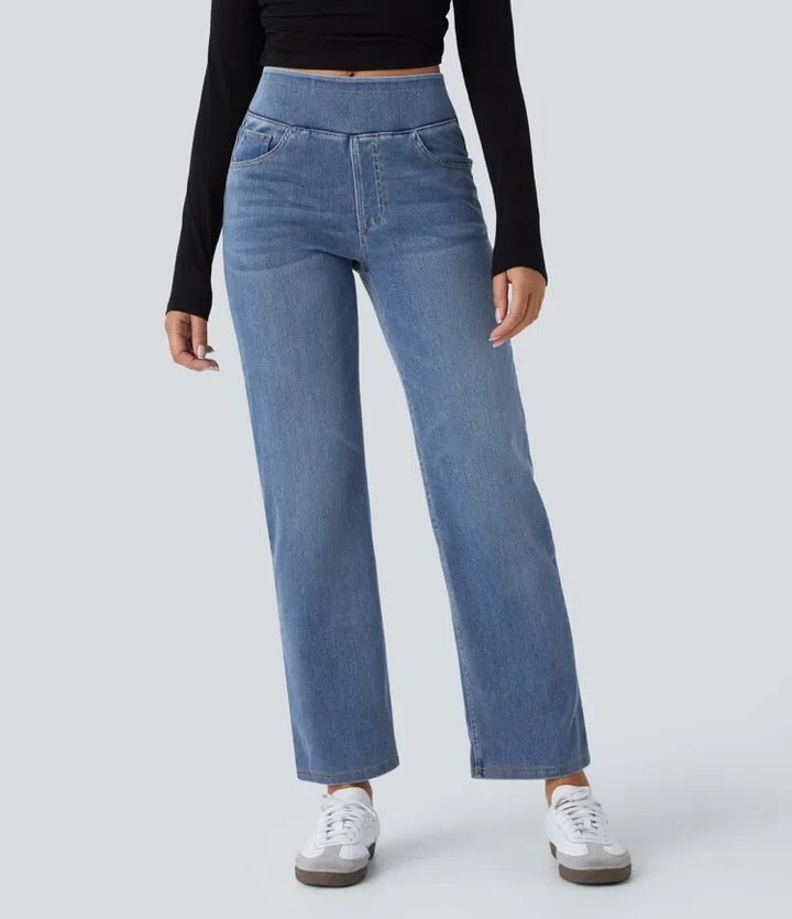 Lyckera Flex högmidjad fickor raka ben tvättad vardagsjeans
