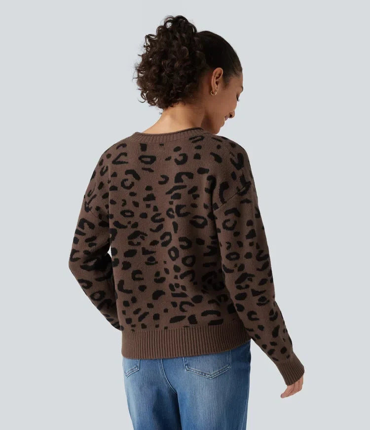 Rund hals leopardmönster långärmad vardaglig tröja