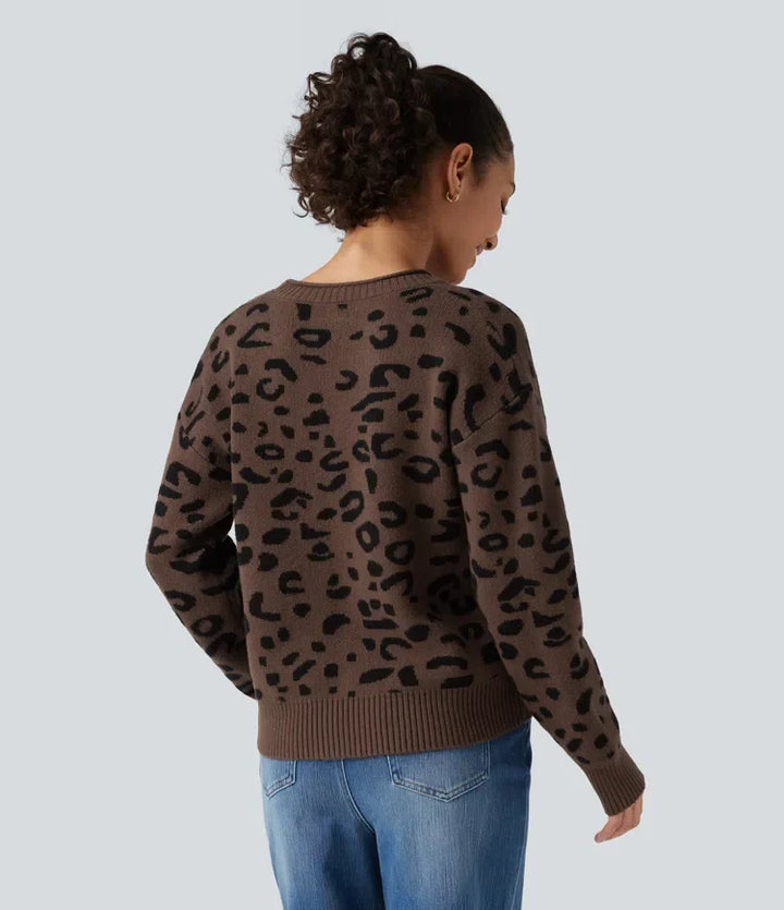 Rund hals leopardmönster långärmad vardaglig tröja