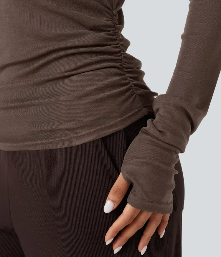 Enaxlad långärmad asymmetrisk vardaglig ullblandning T-shirt