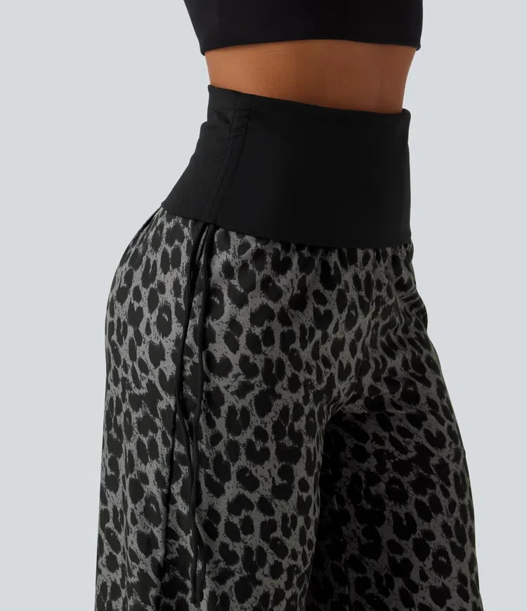 Vikbar midja med hög midja rynklad dragsko baggy leopardmönstrad vardagsbyxor med fickor