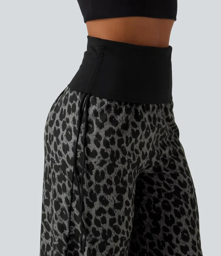 Vikbar midja med hög midja rynklad dragsko baggy leopardmönstrad vardagsbyxor med fickor