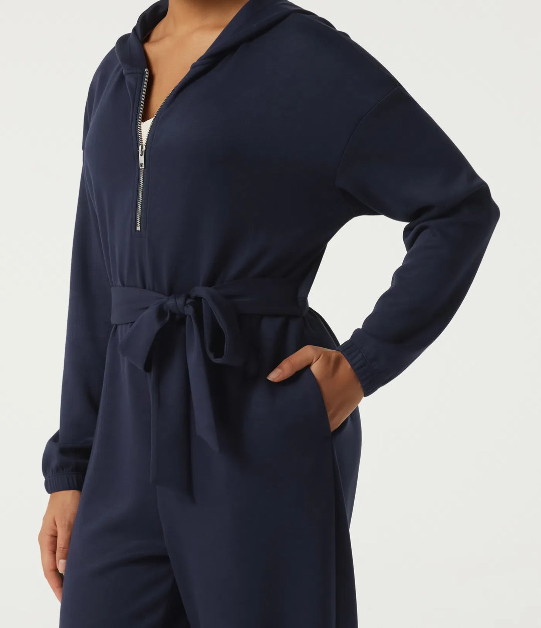 Med huva nedhasad långärmad halv dragkedja knytning fram vardaglig jogger jumpsuit med fickor-Easy Peezy Edition