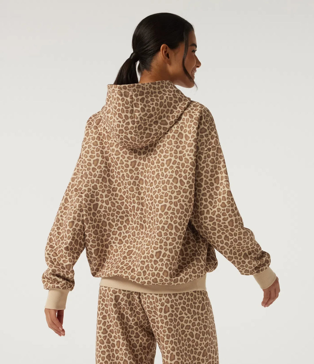 Med huva långärmad leopardmönster vardaglig sweatshirt med ficka