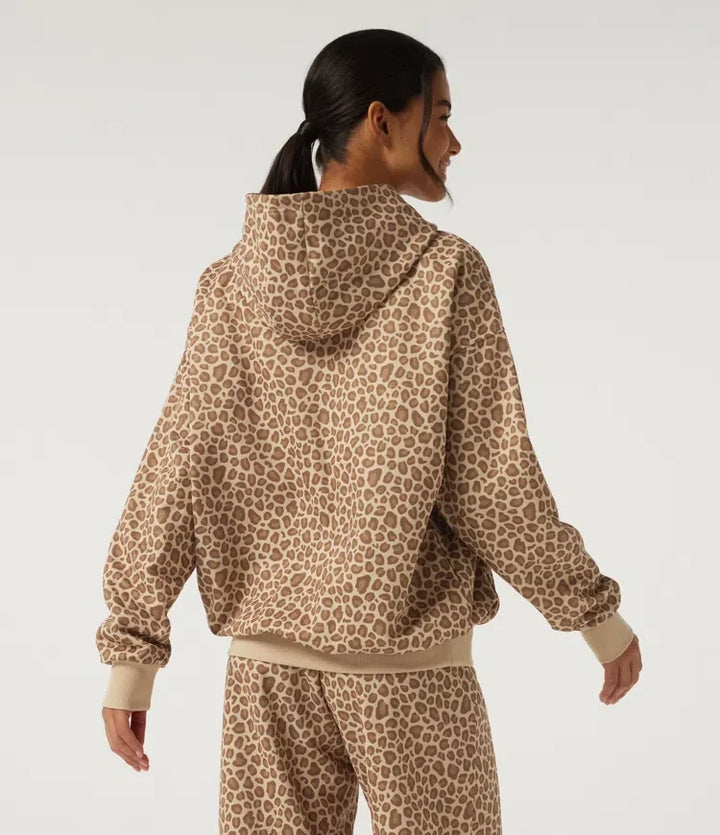 Med huva långärmad leopardmönster vardaglig sweatshirt med ficka