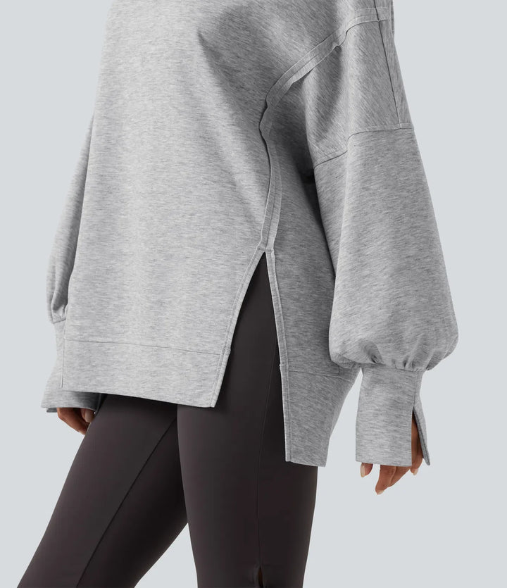 Rund hals nedhasad långärmad slits fåll vardaglig sweatshirt