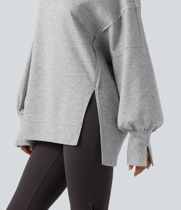Rund hals nedhasad långärmad slits fåll vardaglig sweatshirt