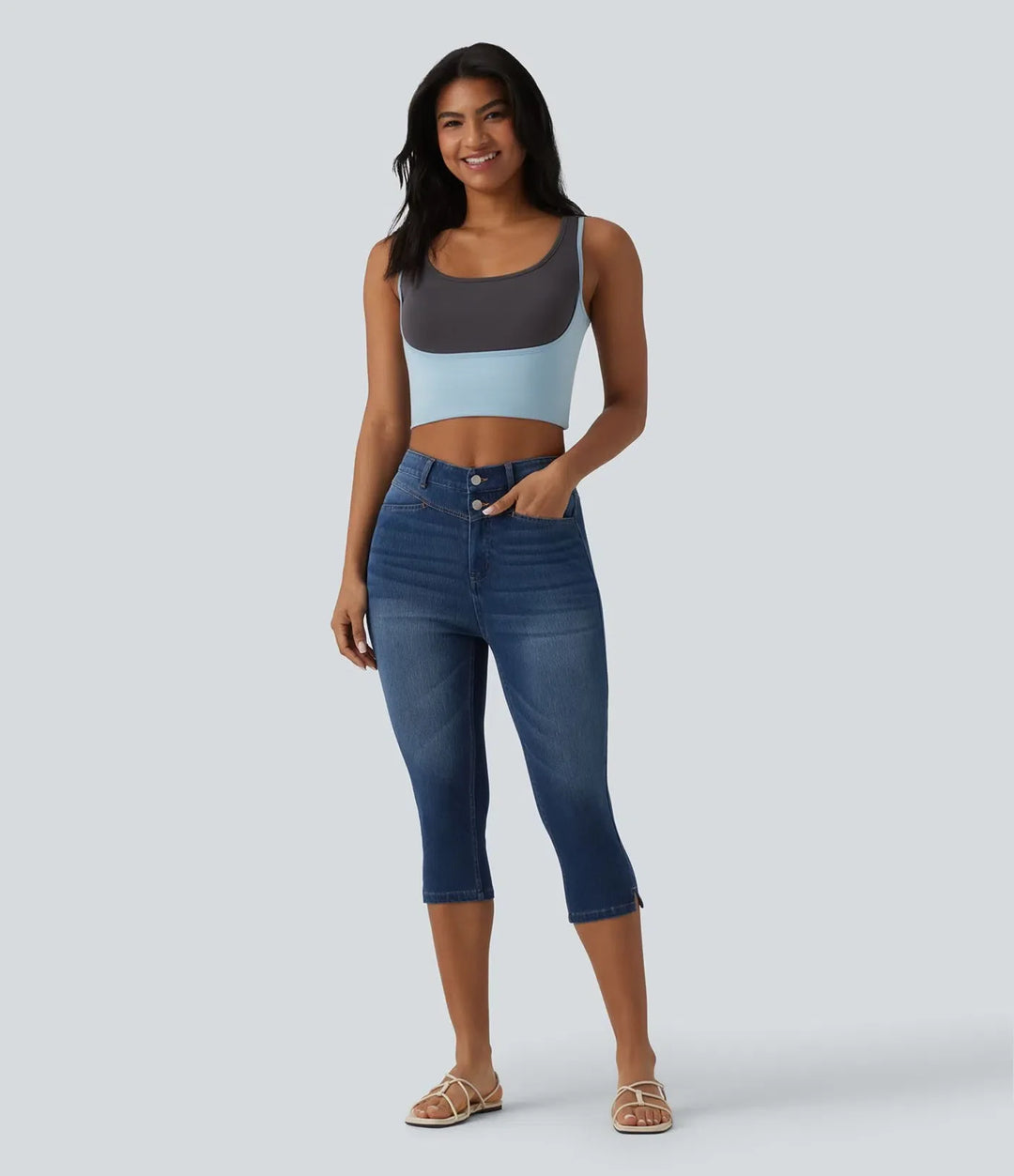 Halara Flex med hög midja slits capri för vardag smal jeans med fickor