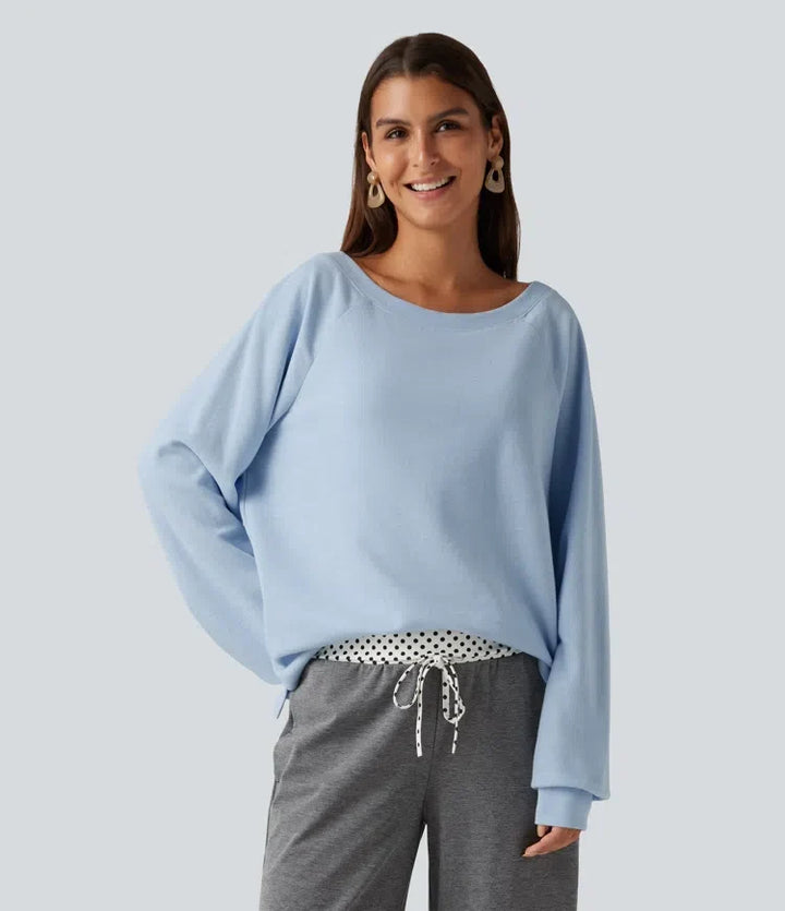 Båtringad lång raglanärm inbyggd BH vardaglig bomull sweatshirt