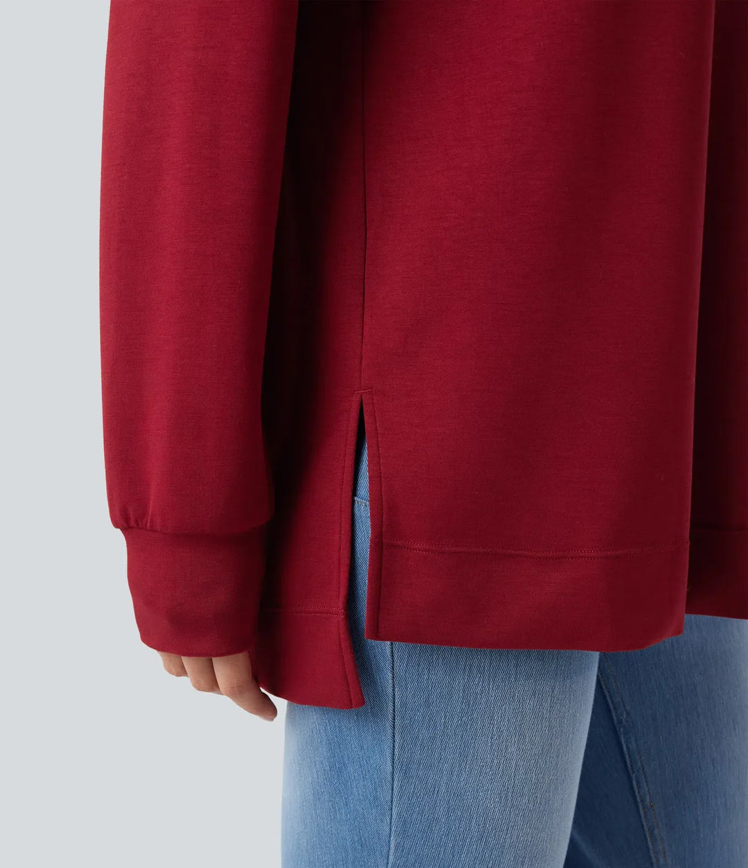 Halvpolo långärmad slits hög-låg avslappnad vardaglig sweatshirt