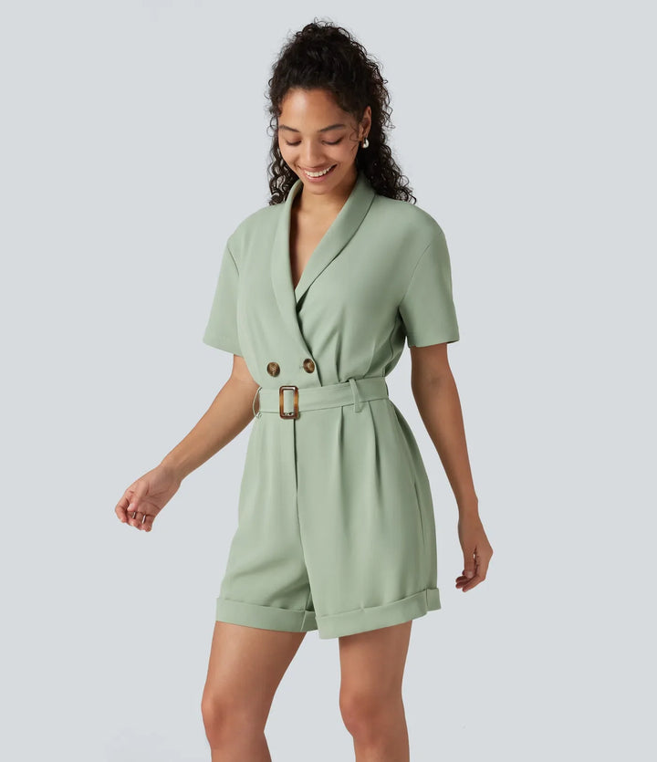 Sjalkrage kortärmad bältad arbete playsuit med fickor