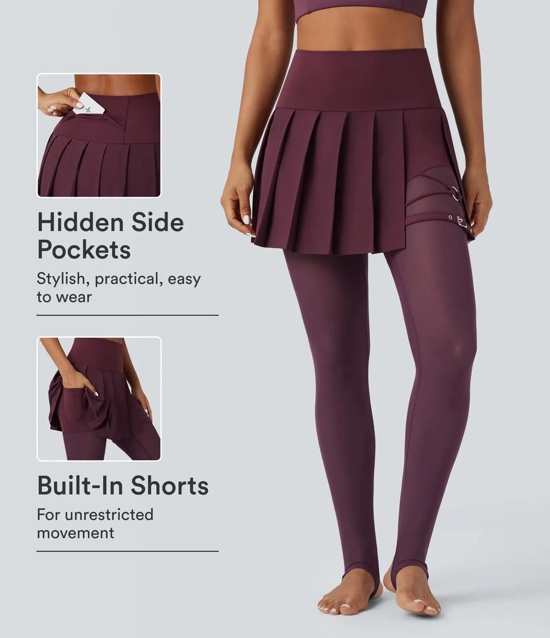 Breezeful högmidjad veckad 2-i-1 kontrastmesh snabbtorkande dans stigbygel leggings med kjol med fickor