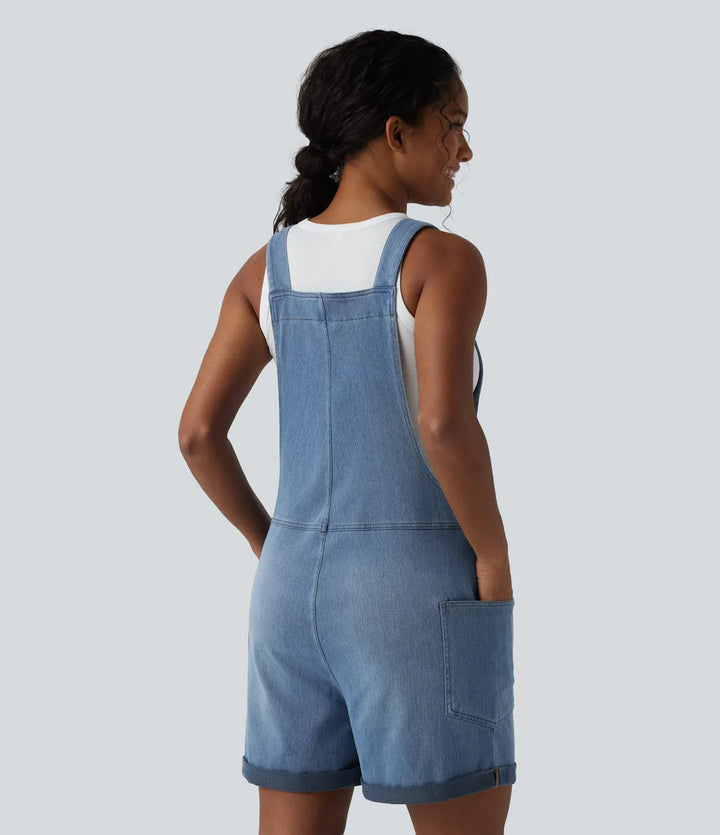 Lyckera Flex V-ringad upprullad fåll tvättad denim vardaglig kort overall med fickor