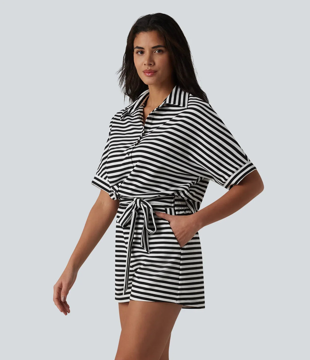 Halvlång ärm bältad randig våffelstruktur vardaglig playsuit med fickor-Easy Peezy Edition