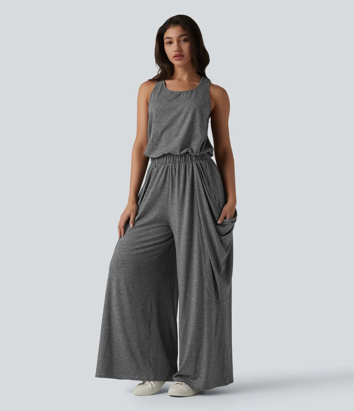 Ärmlös skuren-ut vida ben vardaglig jumpsuit med fickor-Easy Peezy Edition