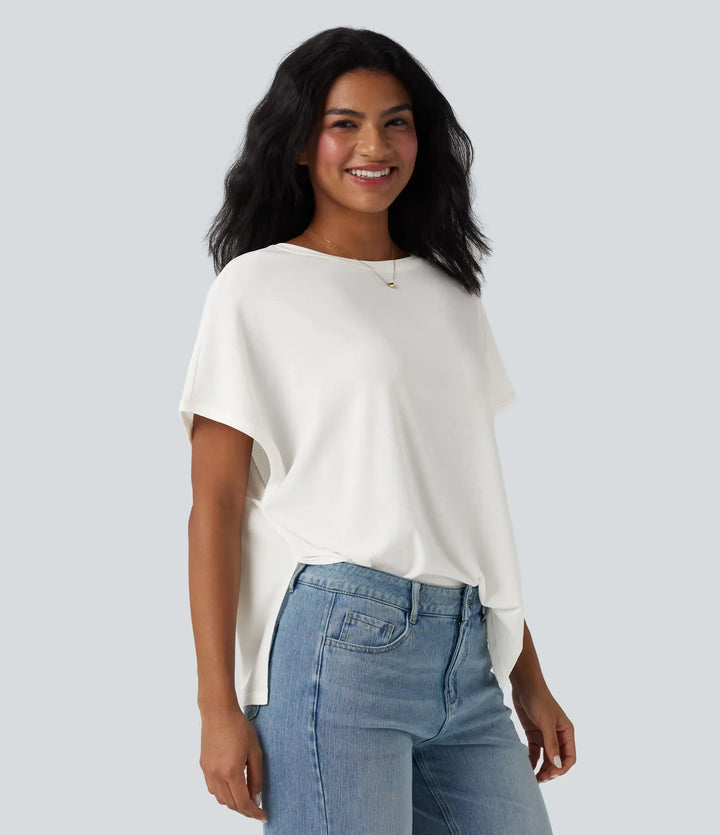 Rund hals fladdermusärm avslappnad vardaglig T-shirt