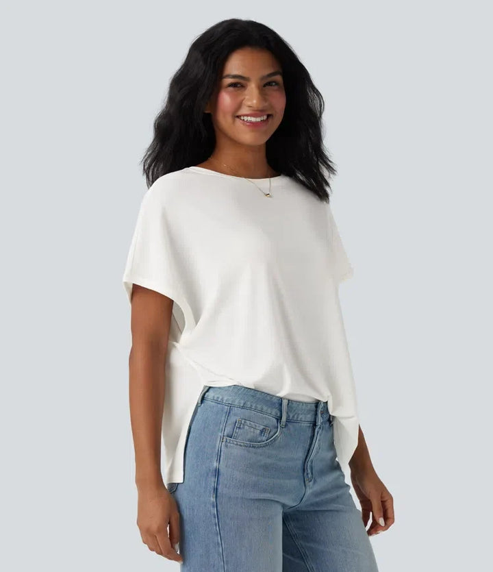 Rund halsringning fladdermus ärm avslappnad T-shirt för vardag