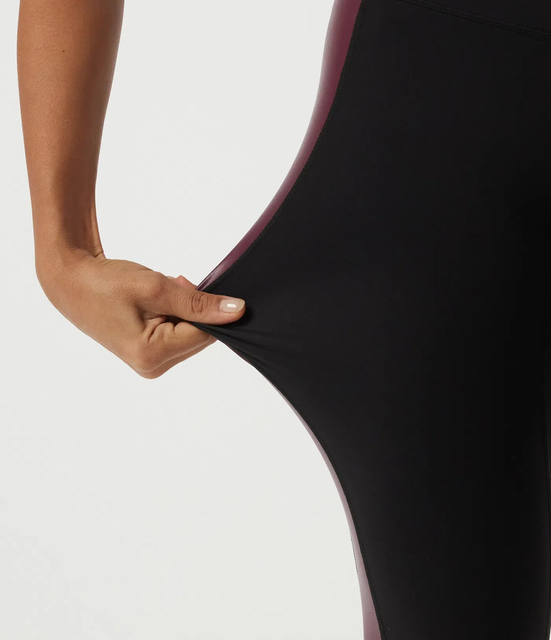 Högmidjad magkontroll färgblock stretchig PU yogaleggings med ficka