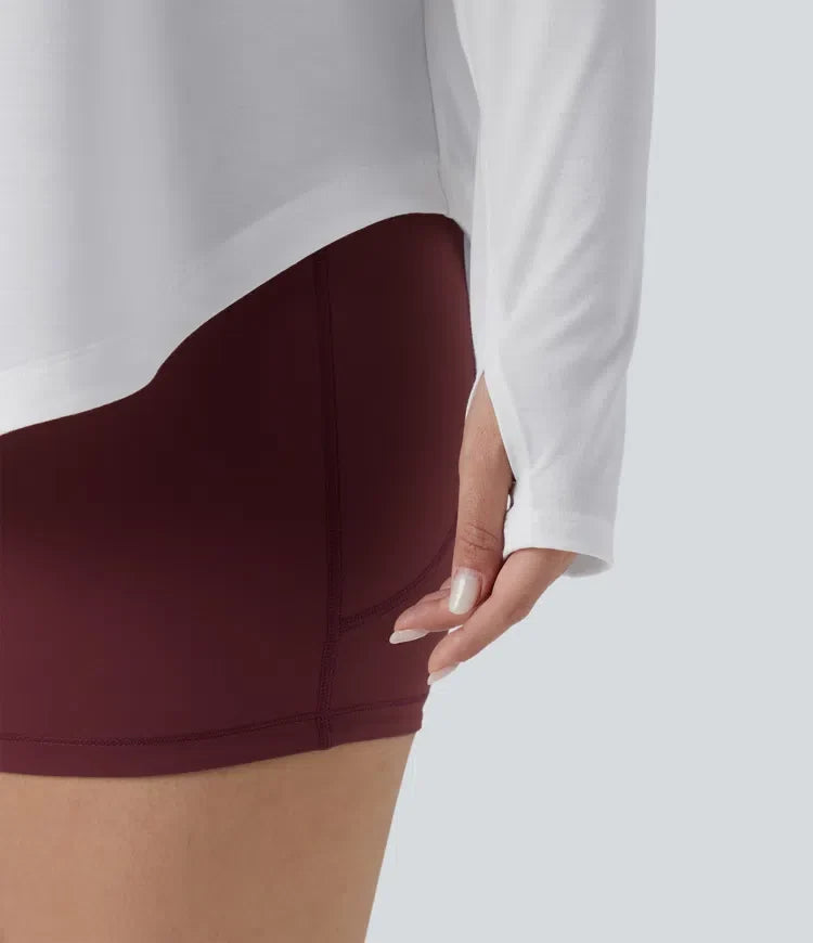 Enaxlad långärmad tumhål rundad fåll hög-låg snabbtorkande yoga plusstorlek sporttopp-inbyggd BH