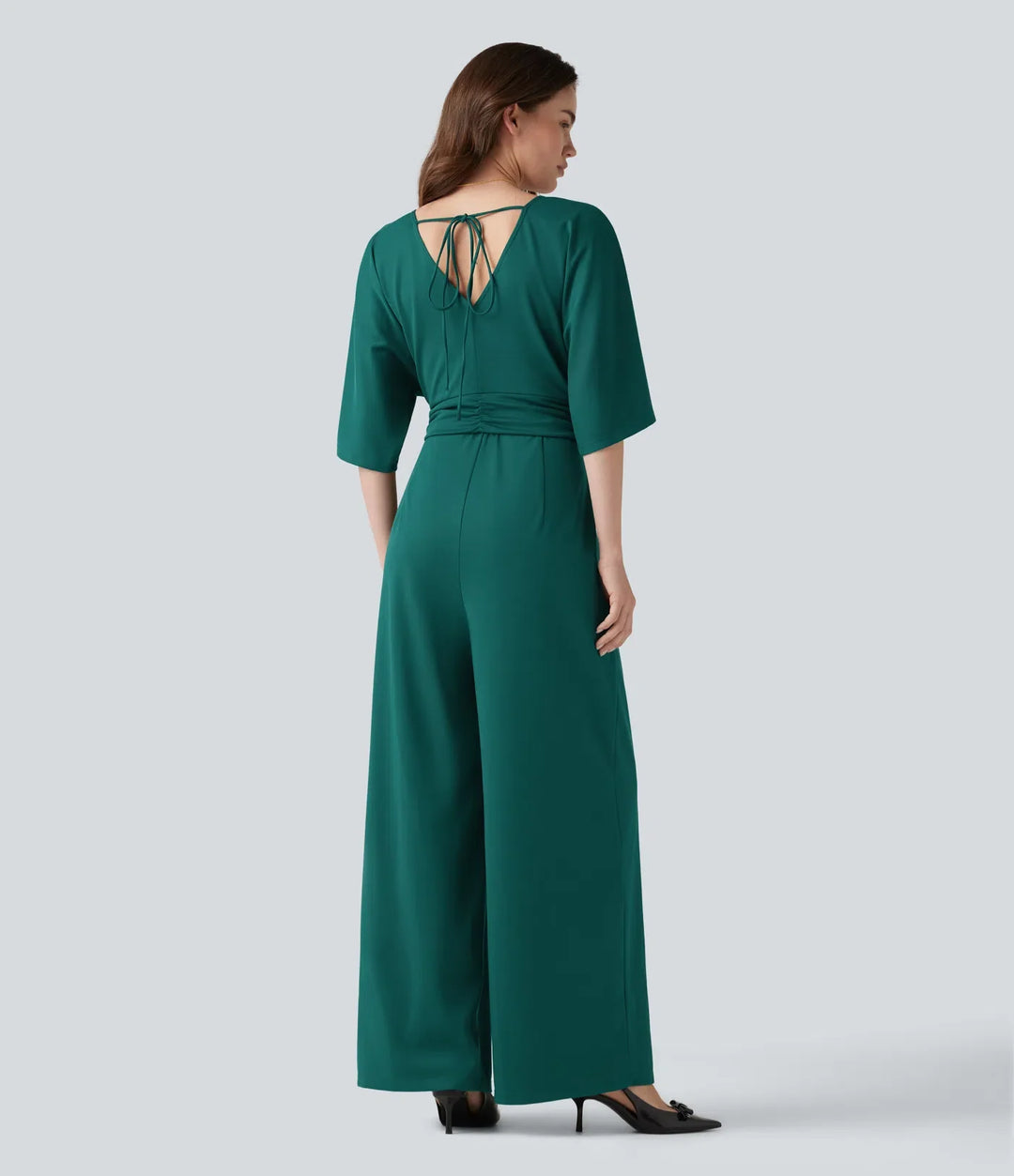 V-ringad halvlång ärm knytning i ryggen arbete baggy jumpsuit med fickor-Easy Peezy