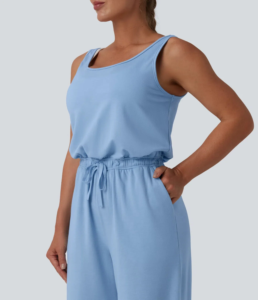 U-ringad djup-rund rygg dragsko vardaglig jumpsuit med fickor