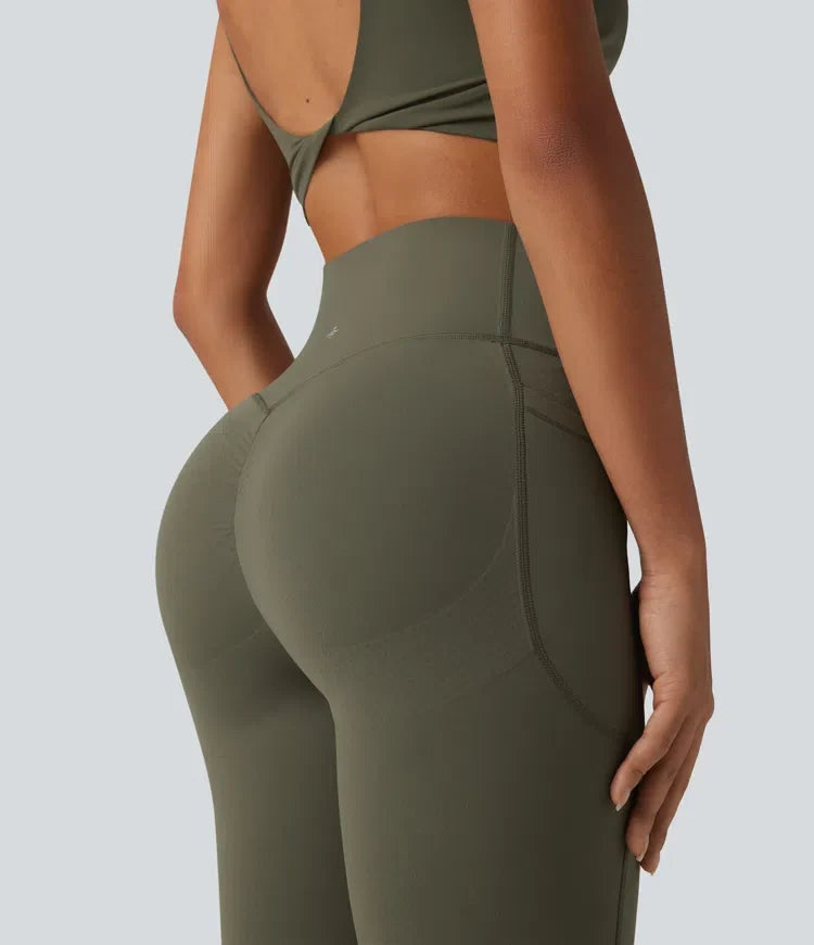 Halara UltraSculpt med hög midja omlott scrunch-effekt rumplyftande magkontroll formande yoga utsvängd leggings med fickor