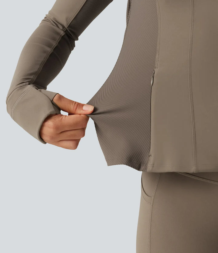 Lyckera UltraSculpt med huva långärmad volangfåll yoga träningsjacka med fickor och tumhål