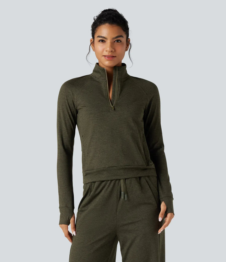 Halv dragkedja tumhål snabbtorkande fleece vardaglig melerad sweatshirt med fickor-UPF40+