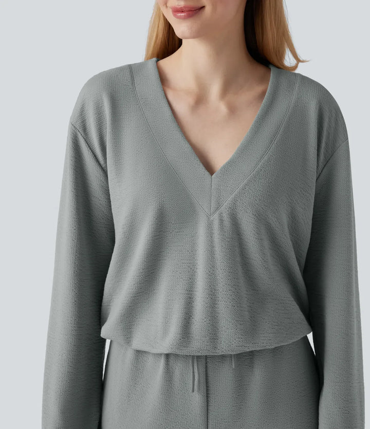 V-ringad långärmad dragsko vardaglig jumpsuit med fickor-Easy Peezy