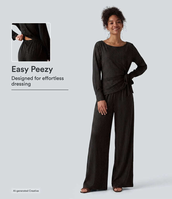 Båtringad långärmad knytning i sidan sval känsla randig arbetsjumpsuit med fickor-Easy Peezy Edition