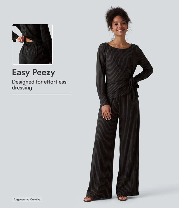 Båtringad långärmad knytning i sidan sval känsla randig arbetsjumpsuit med fickor-Easy Peezy Edition