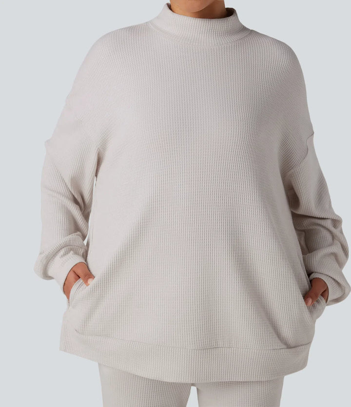 Halvpolo långärmad avslappnad våffelstruktur vardaglig sweatshirt med fickor