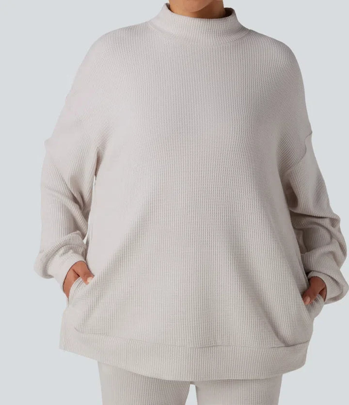 Halvpolo långärmad avslappnad våffelstruktur vardaglig sweatshirt med fickor