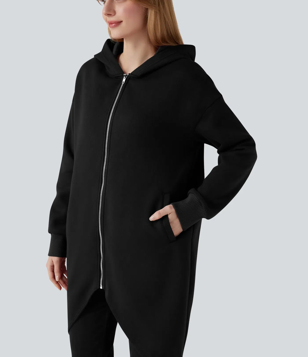 Med huva dragkedja långärmad rundad fåll lång modell vardaglig bomull sweatshirt med fickor