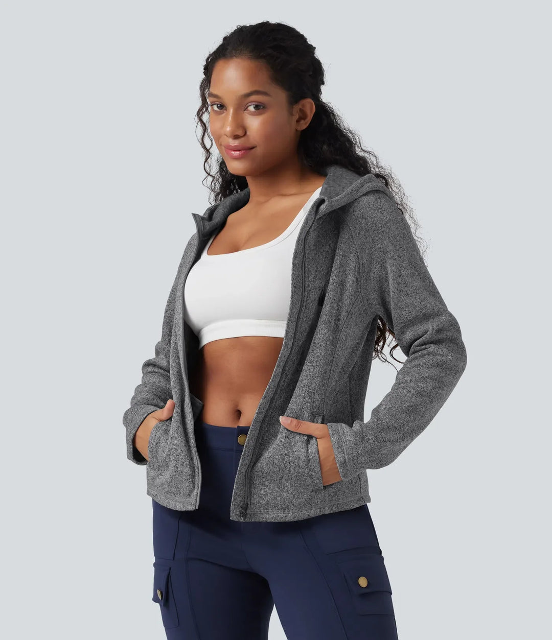 Med huva långärmad fleece stickad vandringsjacka med fickor