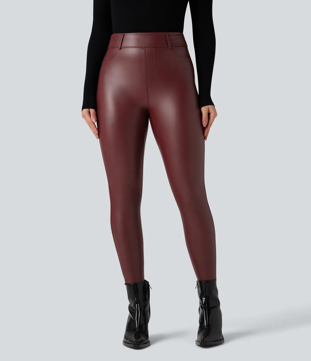 Med hög midja stretchig PU fleece vardagsleggings med fickor