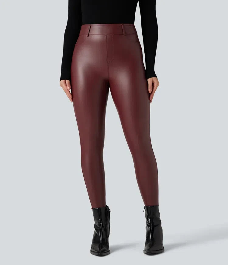 Med hög midja stretchig PU fleece vardagsleggings med fickor