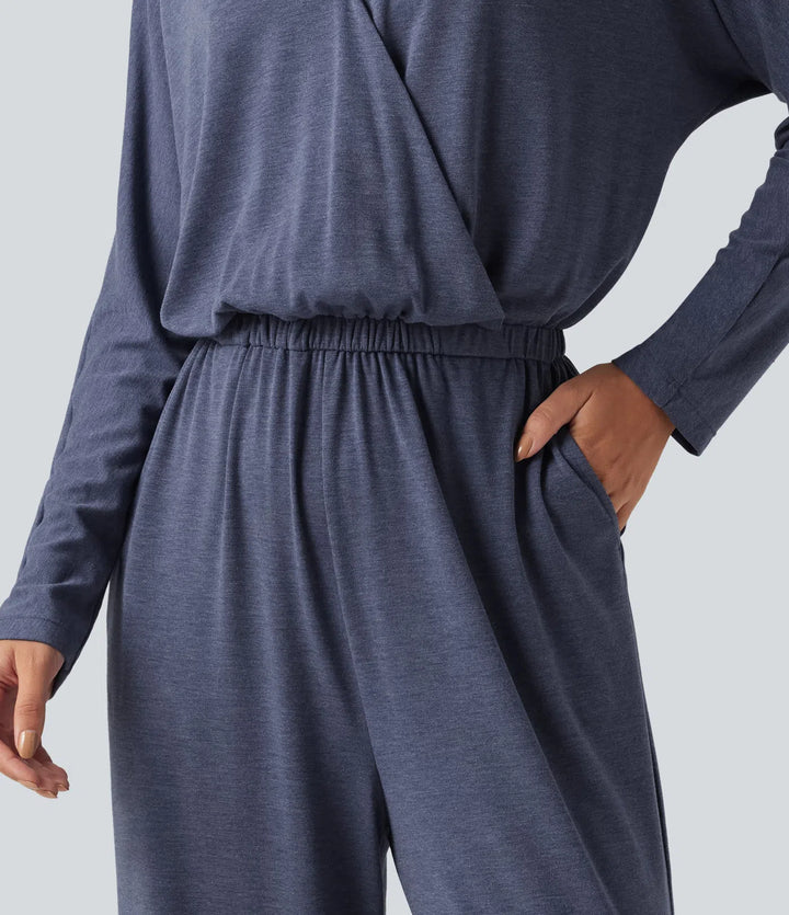 V-ringad långärmad arbetsjumpsuit med fickor